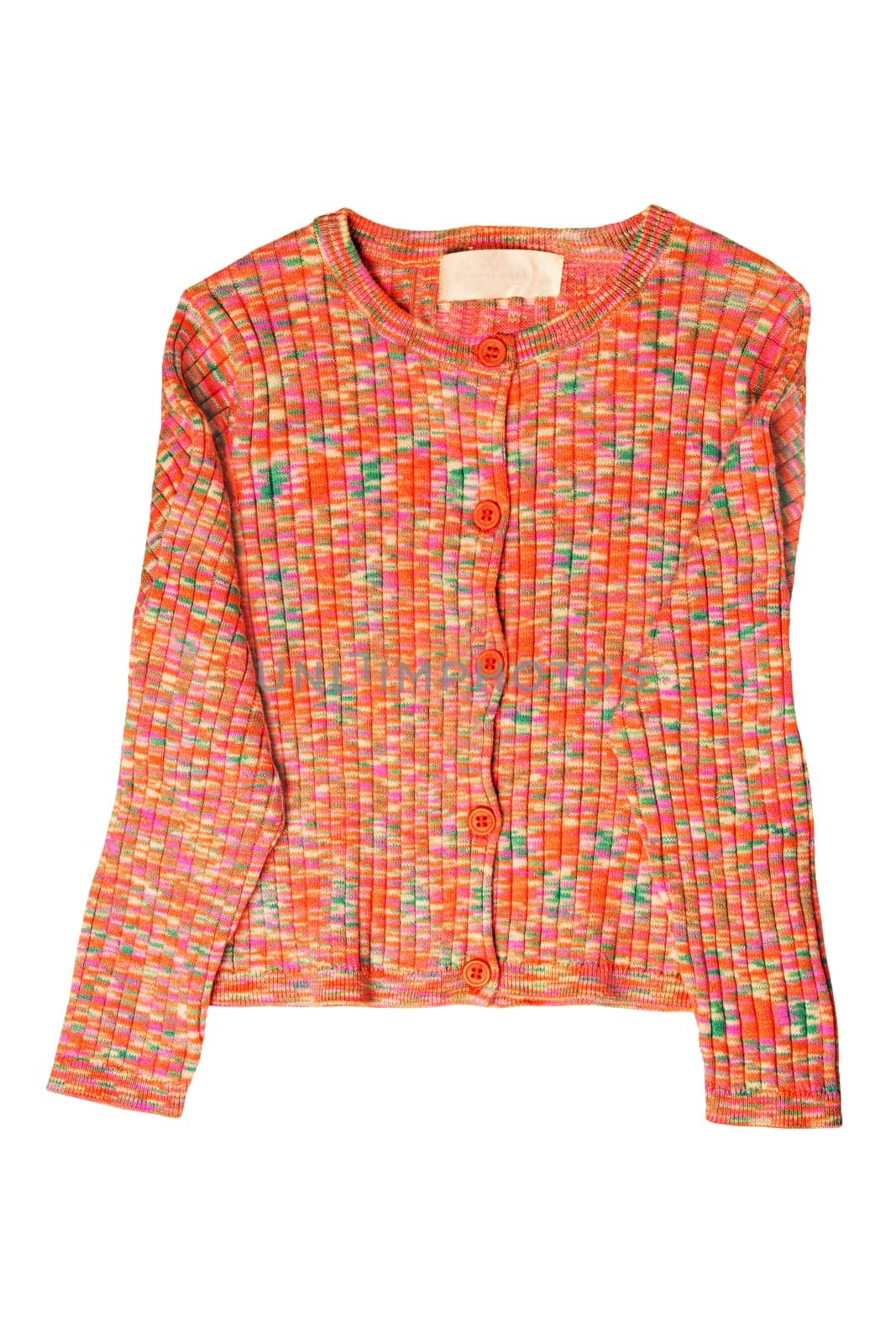 Girls clothes. Multi-colored knitted elegant fluffy cardigan or jumper with v-neck and button closure isolated. Kids and children's fashion.