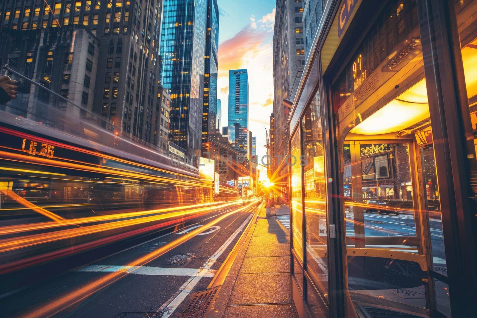 The city street is bathed in the warm glow of sunset, with towering buildings reaching towards the darkening sky.