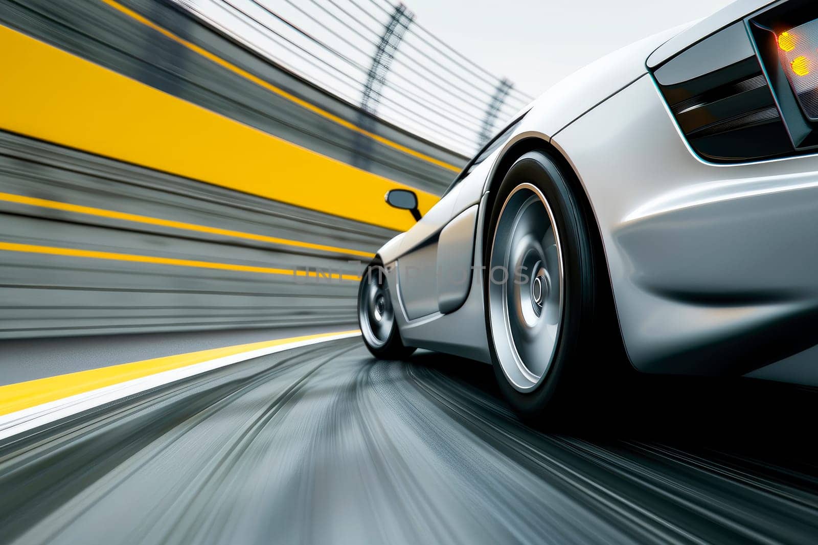 Silver car  sliding sideways on a race track with yellow lines. AI generated
