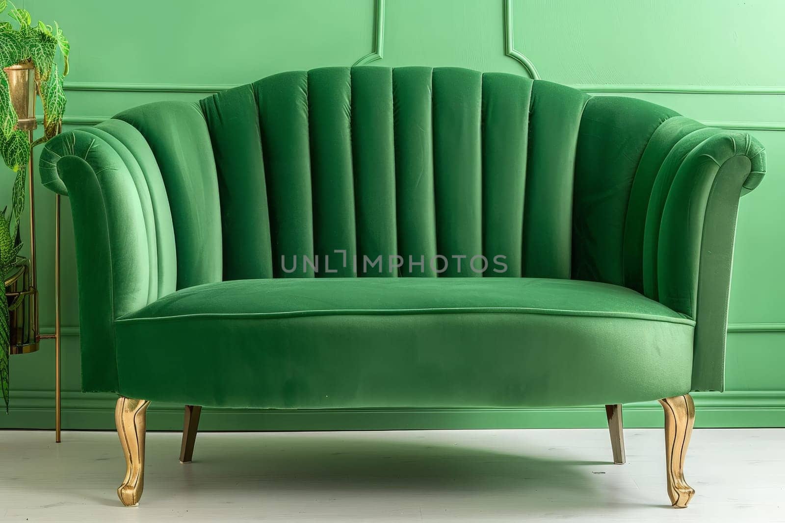 A luxurious green velvet chair stands gracefully in front of a rich green wall, radiating elegance and sophistication.