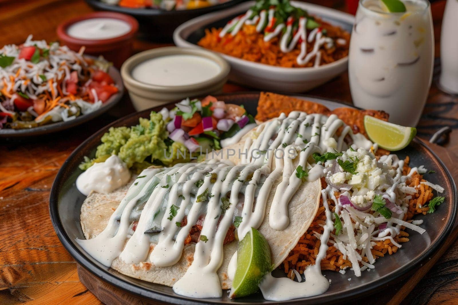 A colorful plate featuring traditional Mexican dishes paired with a flavorful side of guacamole.