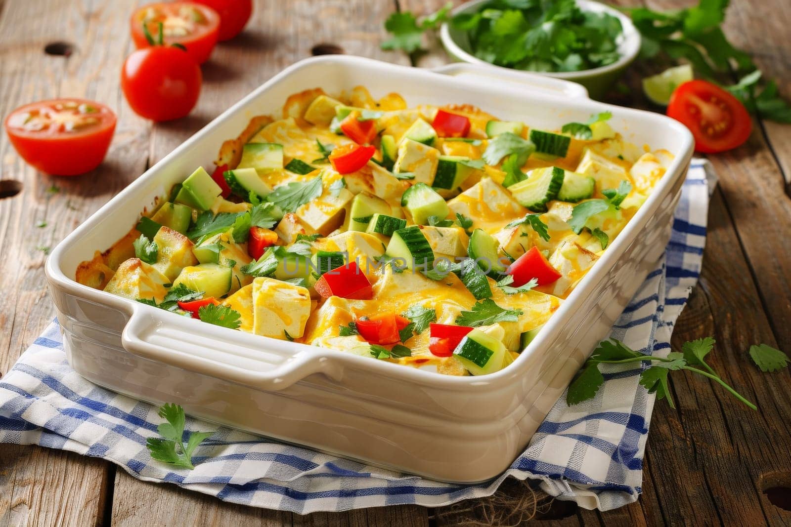 A rustic casserole dish overflows with vibrant vegetables on a wooden table, showcasing a bountiful and nutritious meal.