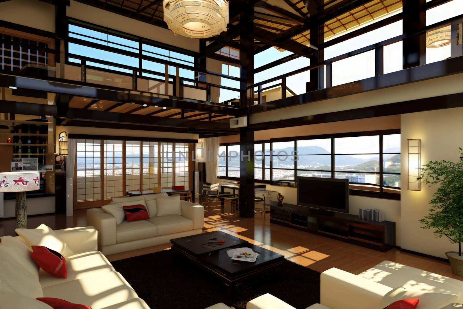A lively living room adorned with various furniture pieces and a modern flat screen TV.