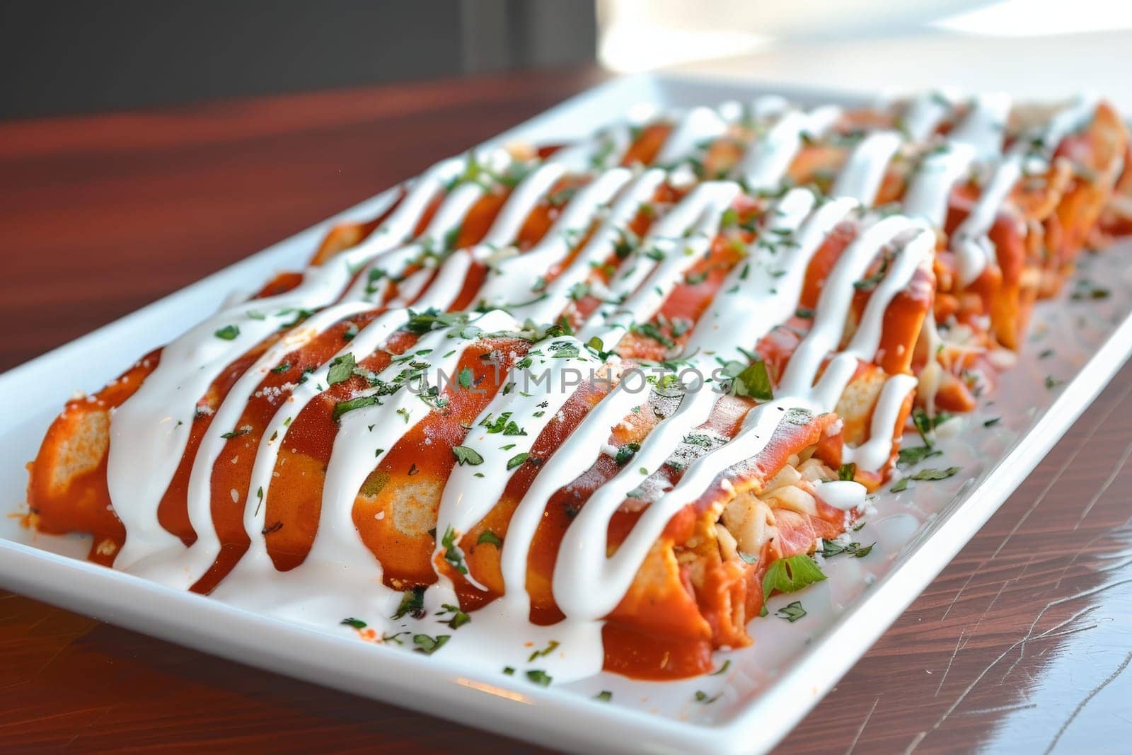 A tantalizing platter of enchiladas adorned with a creamy drizzle, perfect for an evening feast.