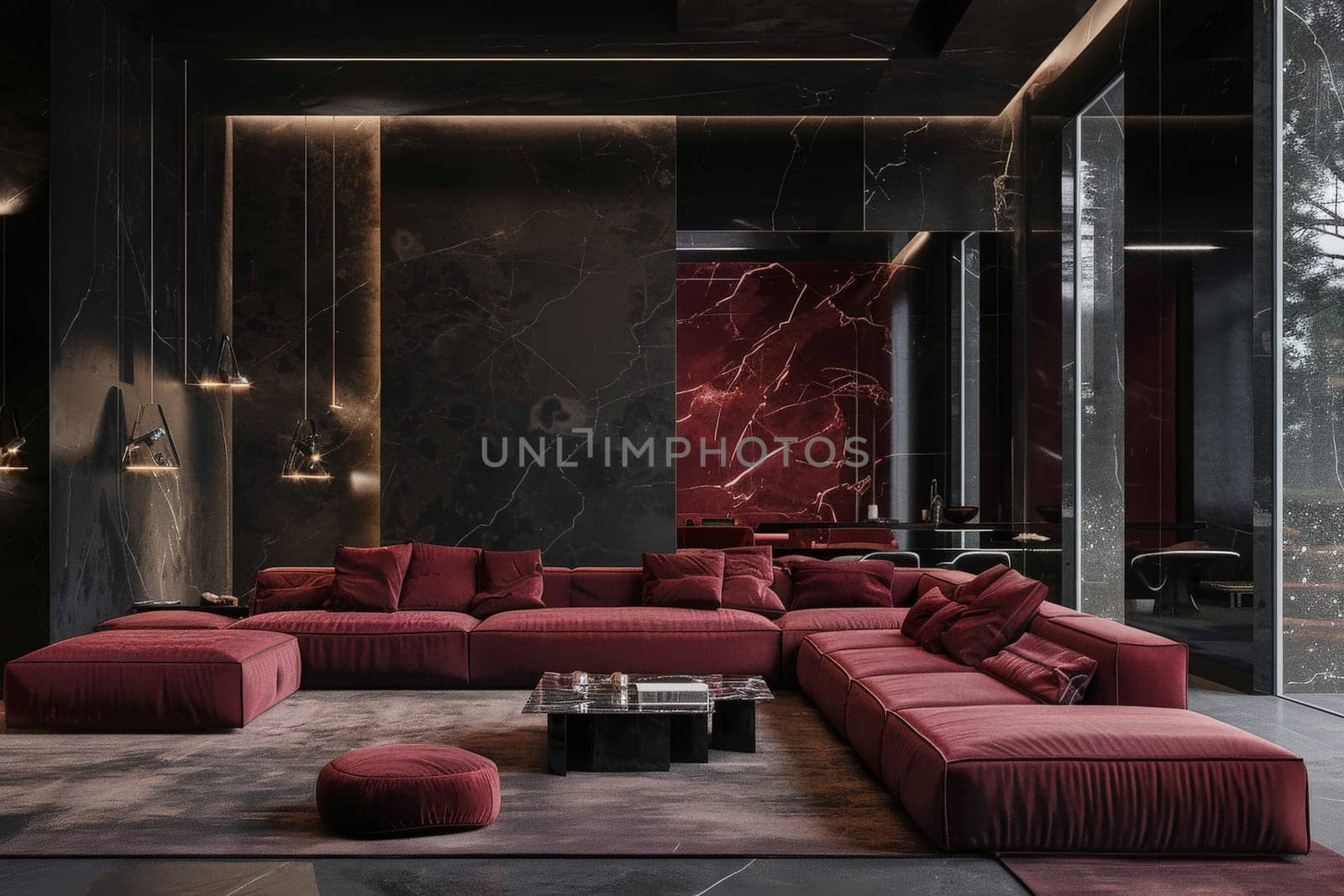 A vibrant living room featuring a spacious, eye-catching red couch as the focal point of the room.