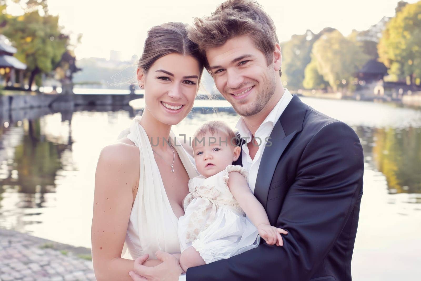 A man and woman lovingly hold their baby by a peaceful body of water, creating a heartwarming scene of family bonding and connection.