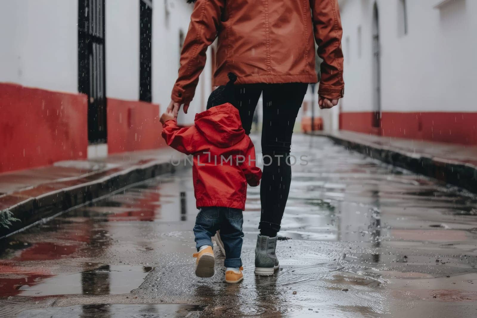 A woman and child move gracefully down a rain-soaked street, their figures blurred by the falling droplets while they share a moment of tranquility amidst the chaos.