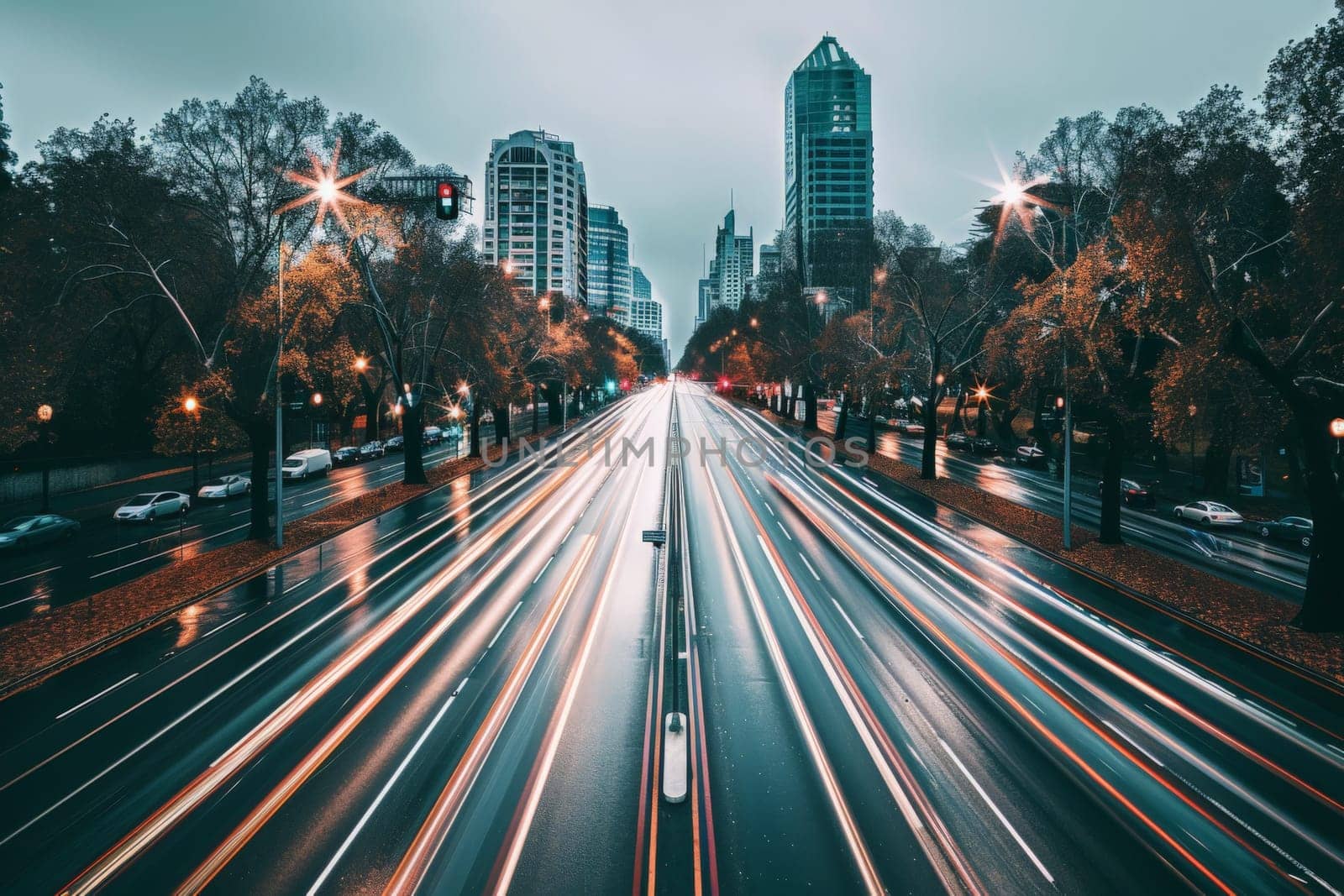 A bustling city street filled with a cacophony of vehicles, navigating through the congestion and movement of rush hour traffic.