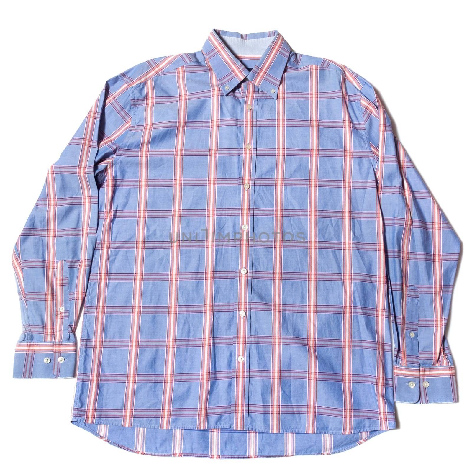 Men's casual blue check long sleeve shirt on white background