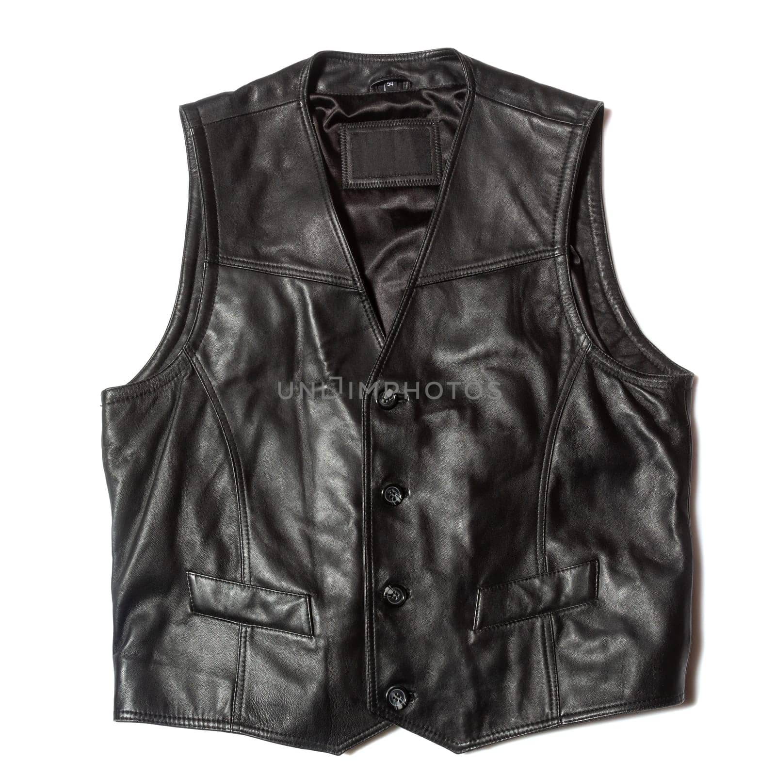 Leather biker men's waistcoat on white background