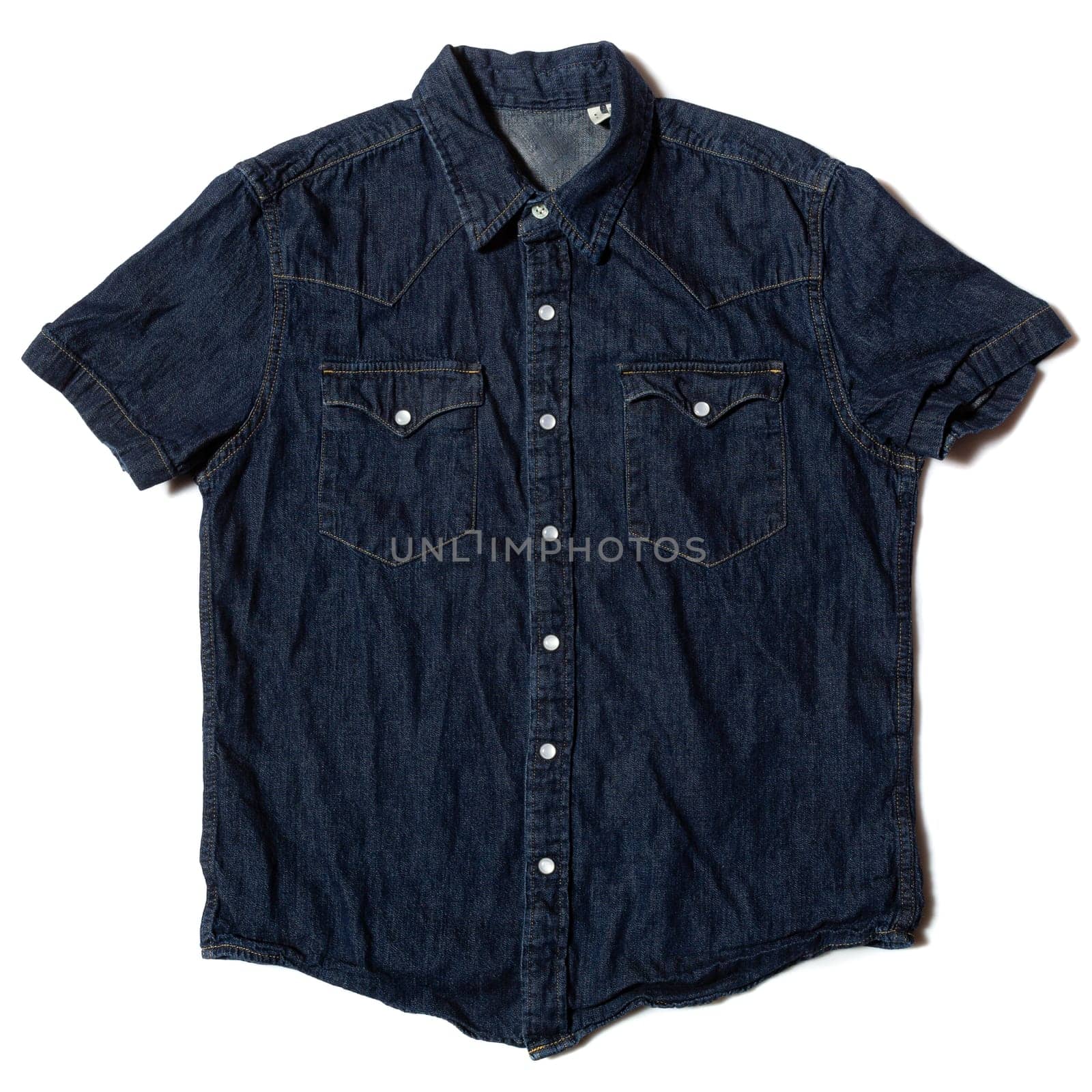 Men's casual denim short-sleeved shirt on white background