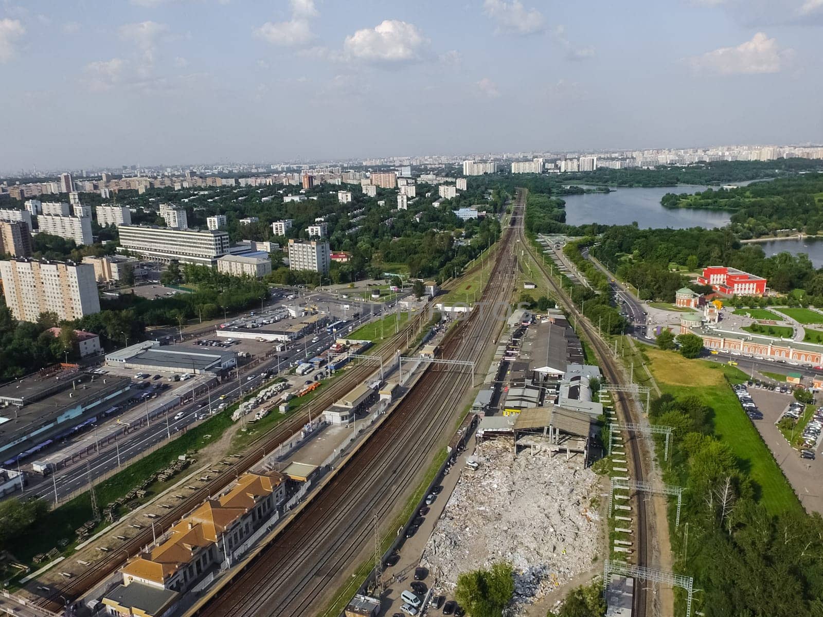 Top view of the city of Moscow, buildings and roads and other infrastructure of the city. Cityscape view from above.