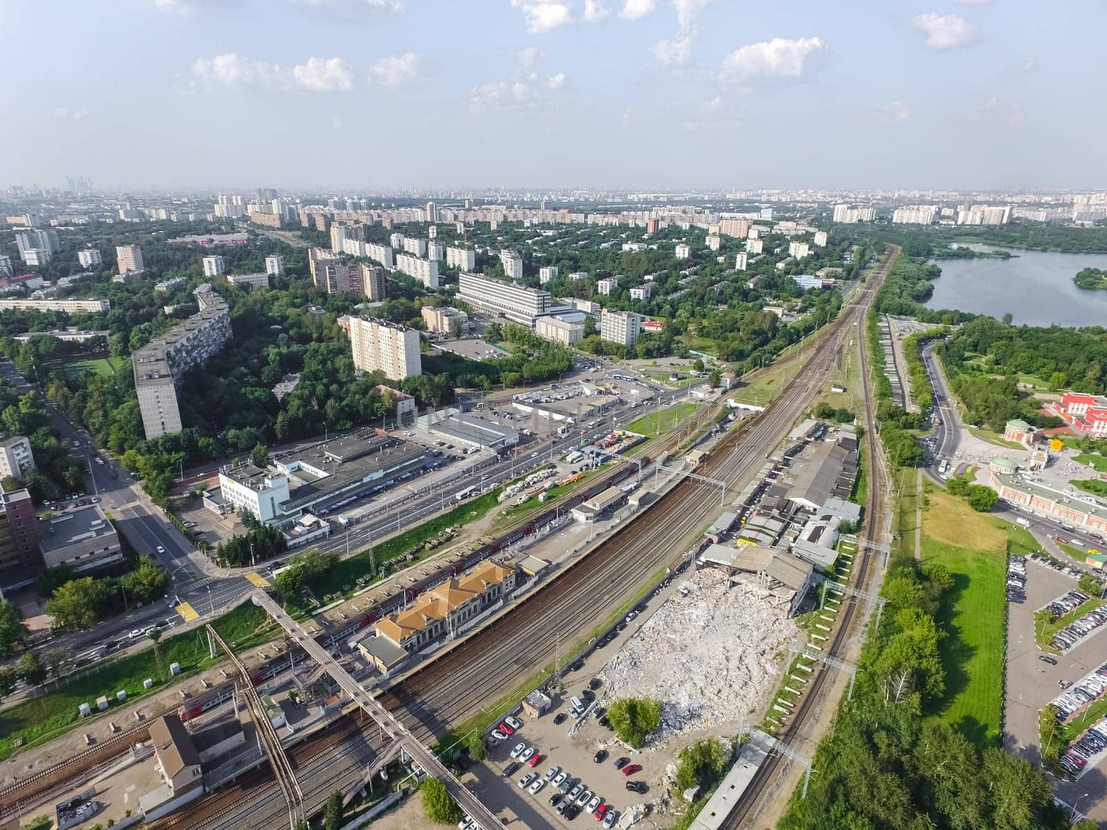 Top view of the city of Moscow, buildings and roads and other infrastructure of the city. Cityscape view from above.