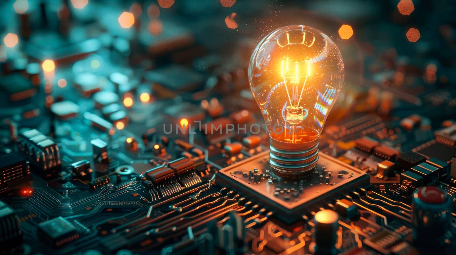 Innovation concept with a light bulb on top of computer motherboard. AI generated