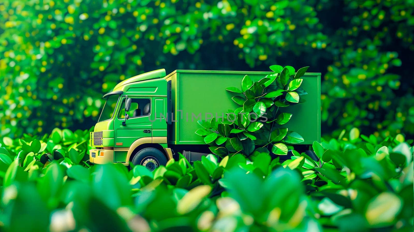 Eco friendly transportation concept. Green lorry on greenery background. AI generated