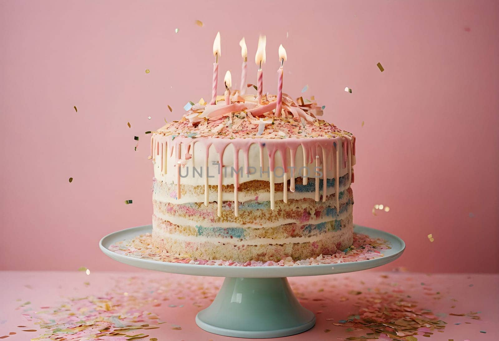 AI generated of a cake with pink frosting, candles and sprinkles on top