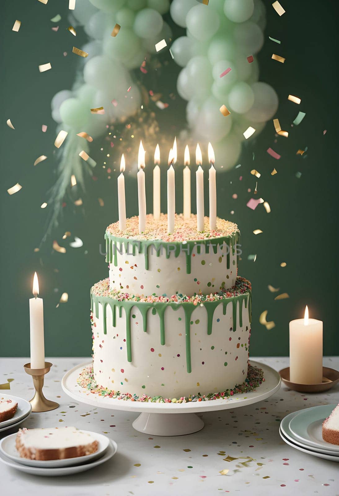 AI generated of a birthday cake with confetti raining down on the table