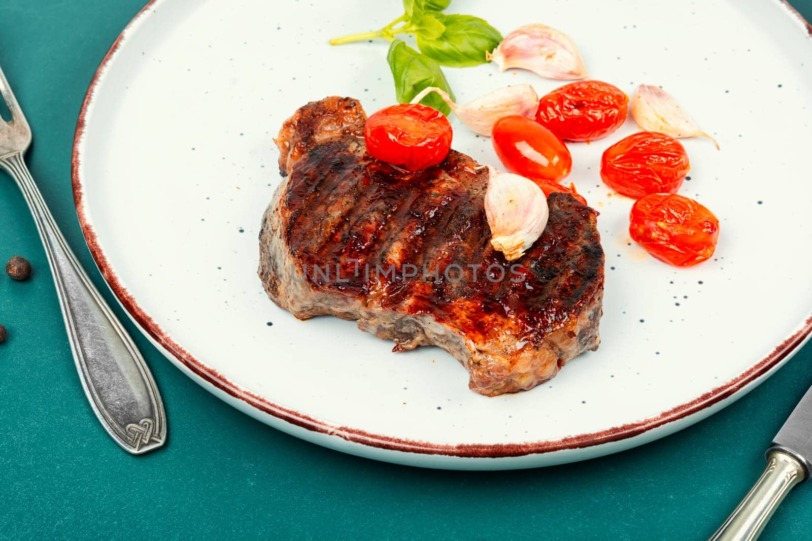 Juicy meat, classic grilled steak, beef steak. Meat barbecue, rump steak.