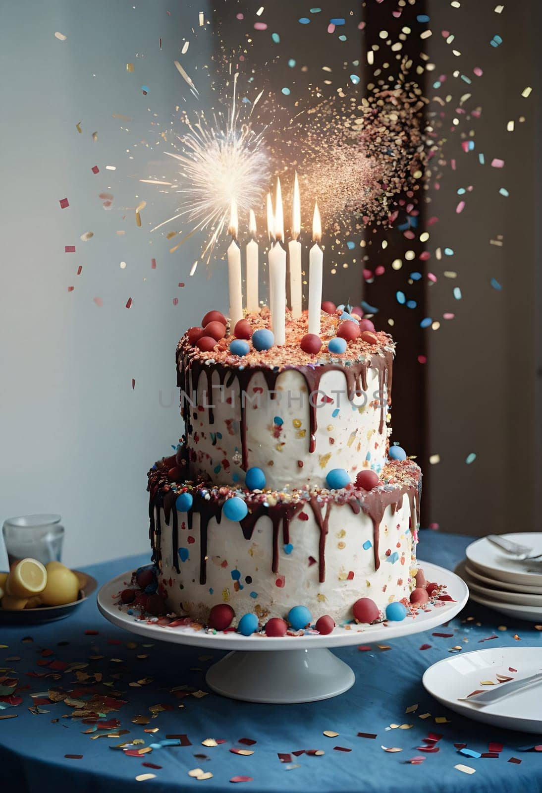 AI generated of a cake with candles, fireworks and sprinkles on top, with confetting raining down on it