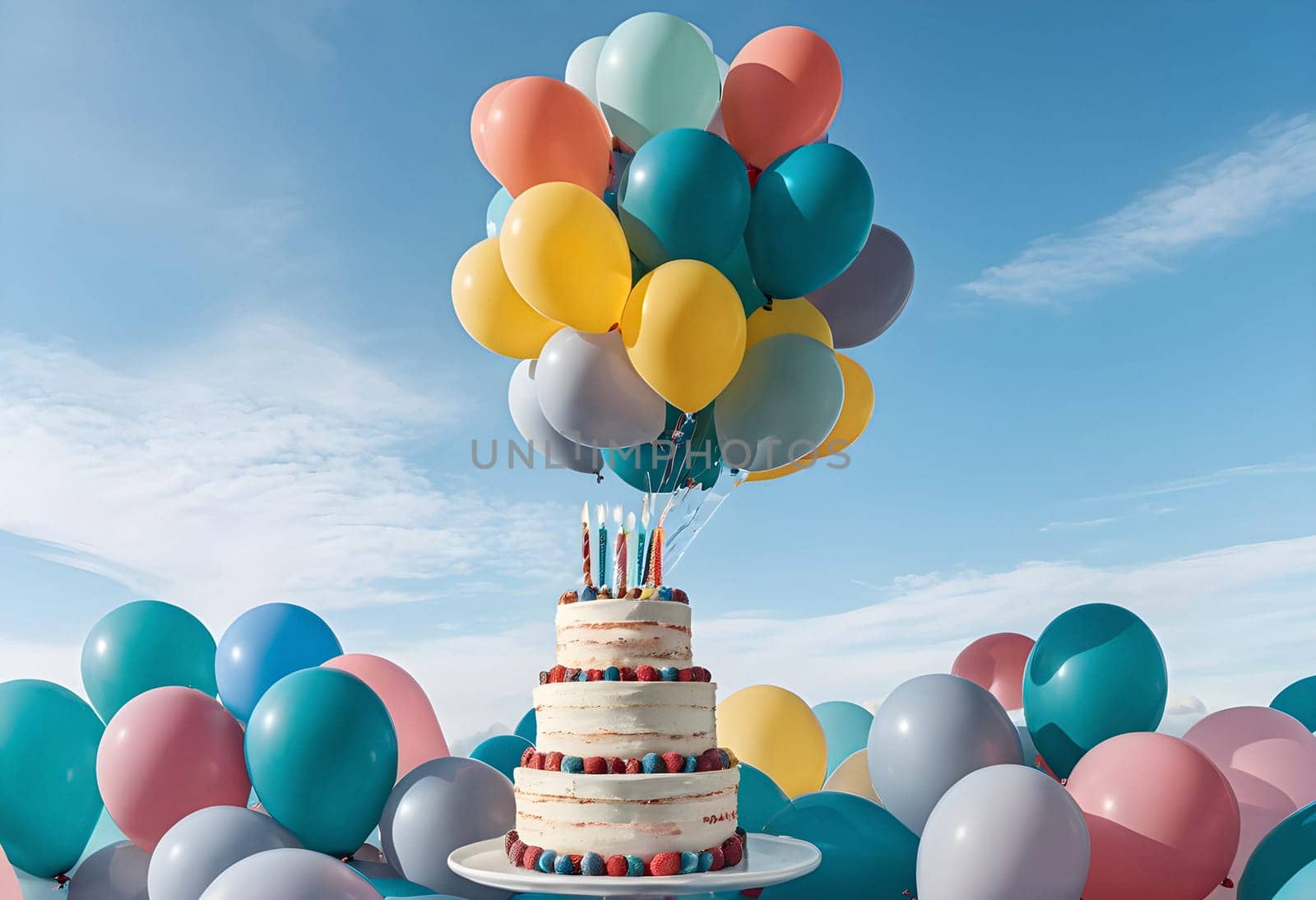 AI generated of a cake with many balloons on it with clear sky background