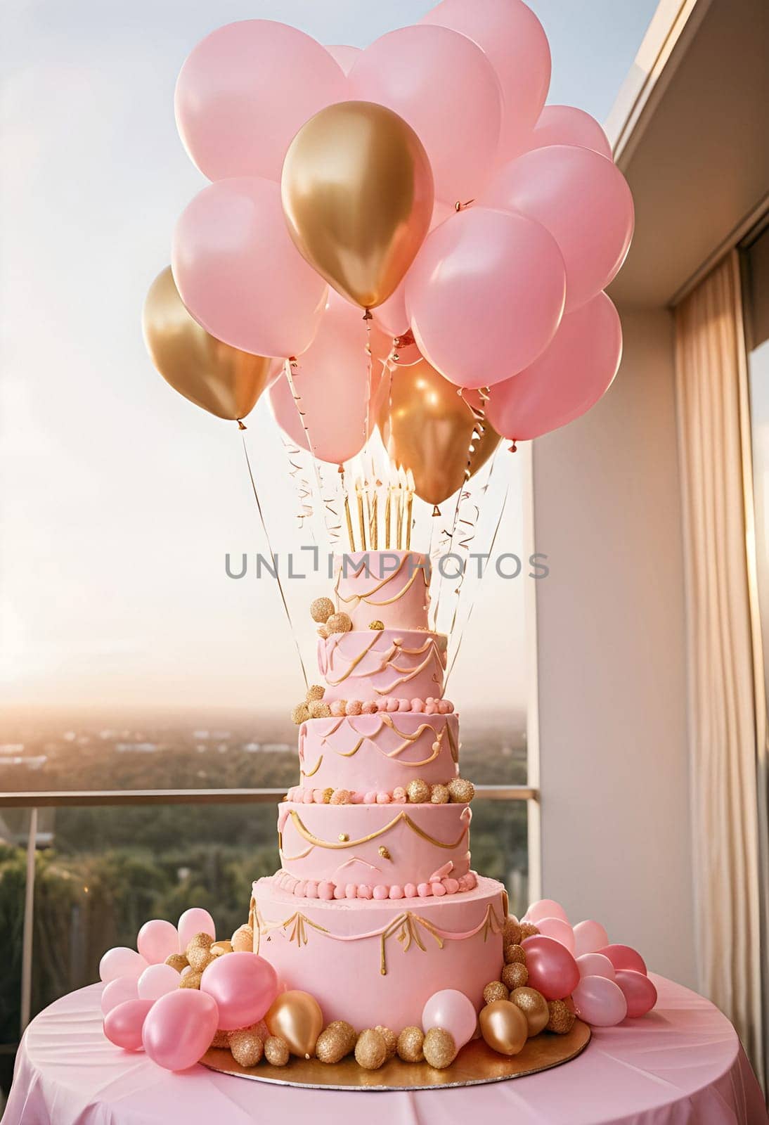 AI generated of a pink and gold birthday cake with balloons and candles on the coridor with sunset sky