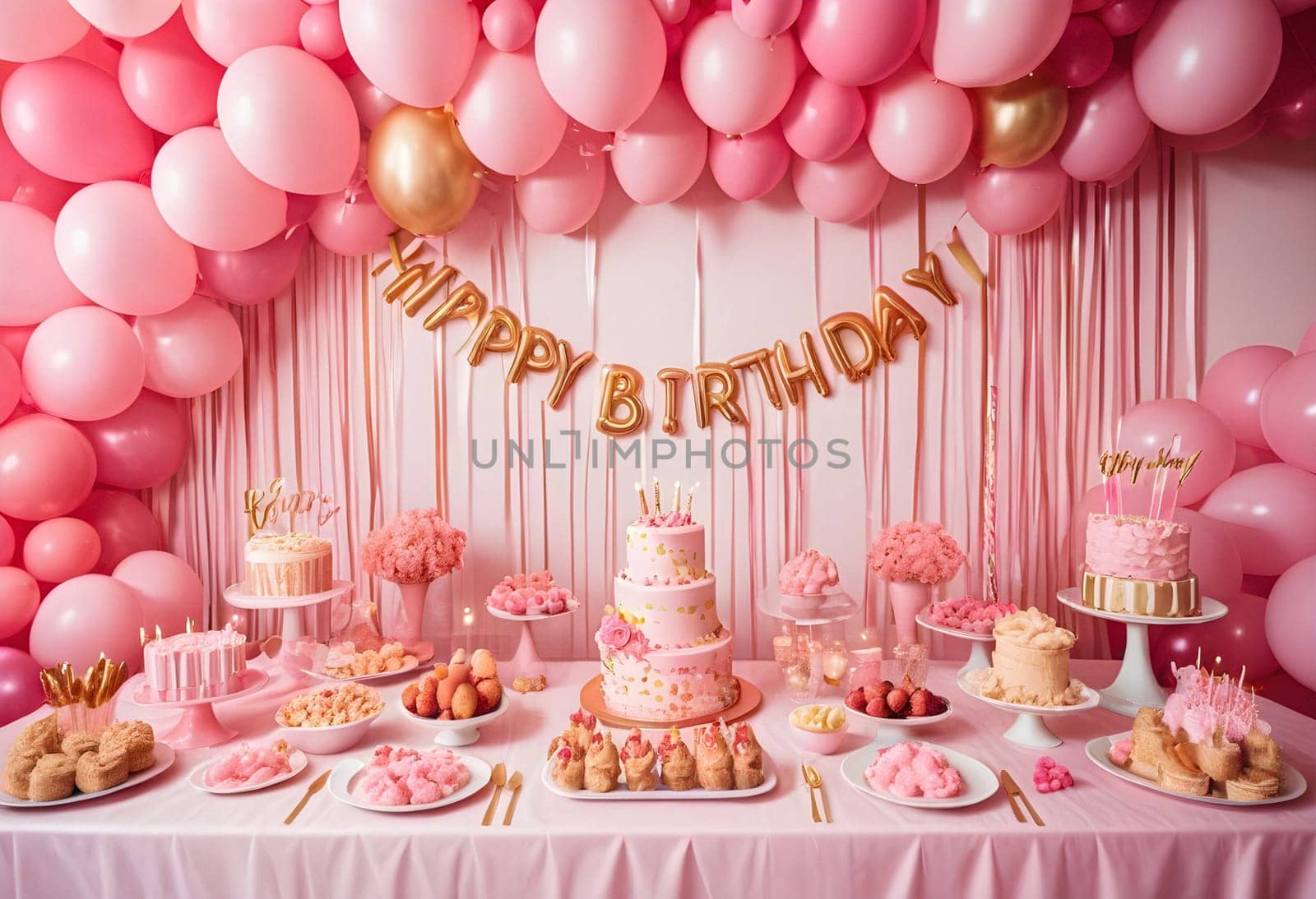 AI generated of a birthday party with pink birthday cake, balloons and ribbons decoration on the wall