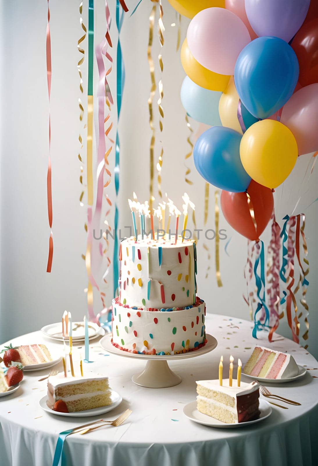 AI generated of a birthday cake with balloons and candles on a table