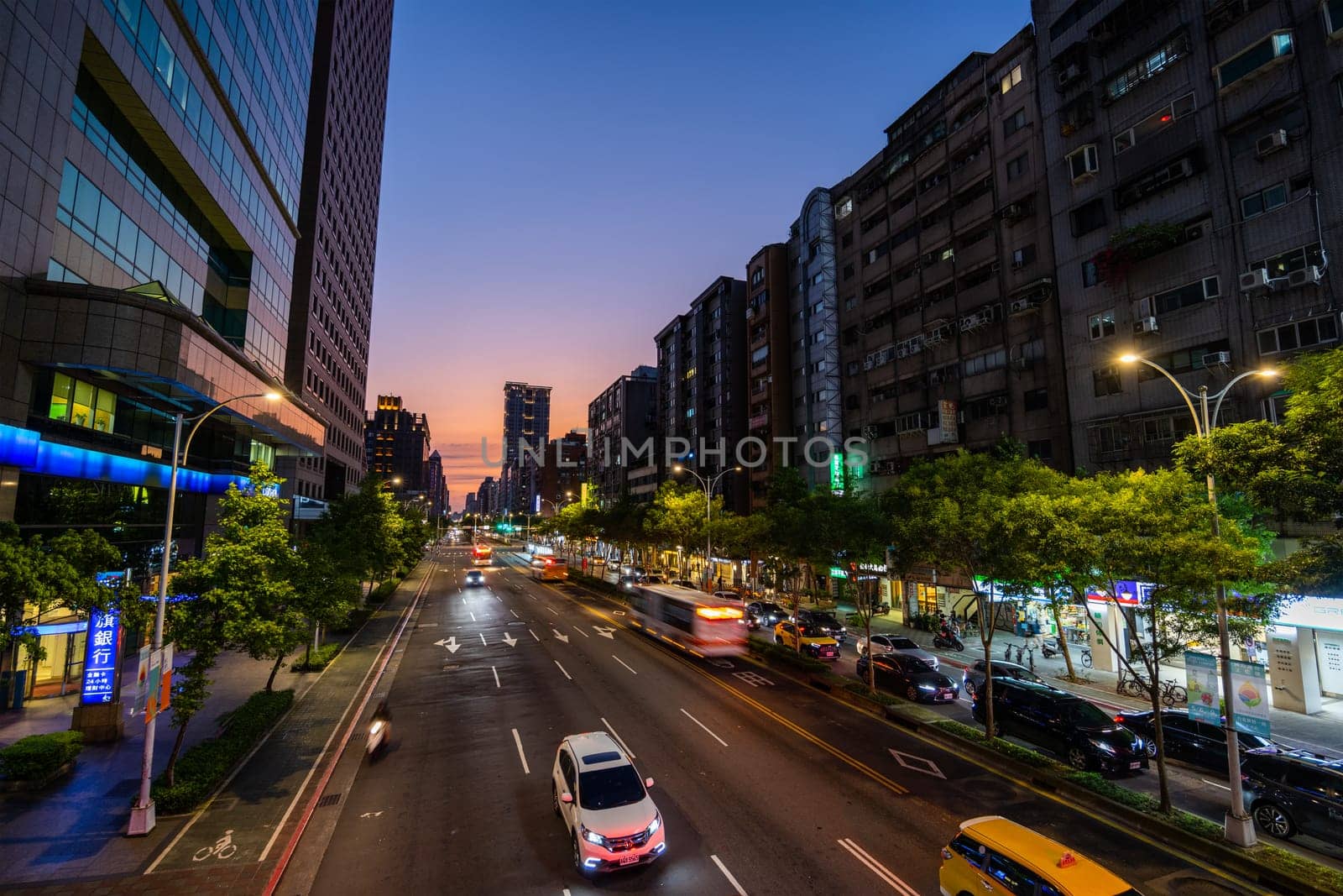 Taipei, Taiwan 09 April 2022: Taipei city street landmark at sunset time