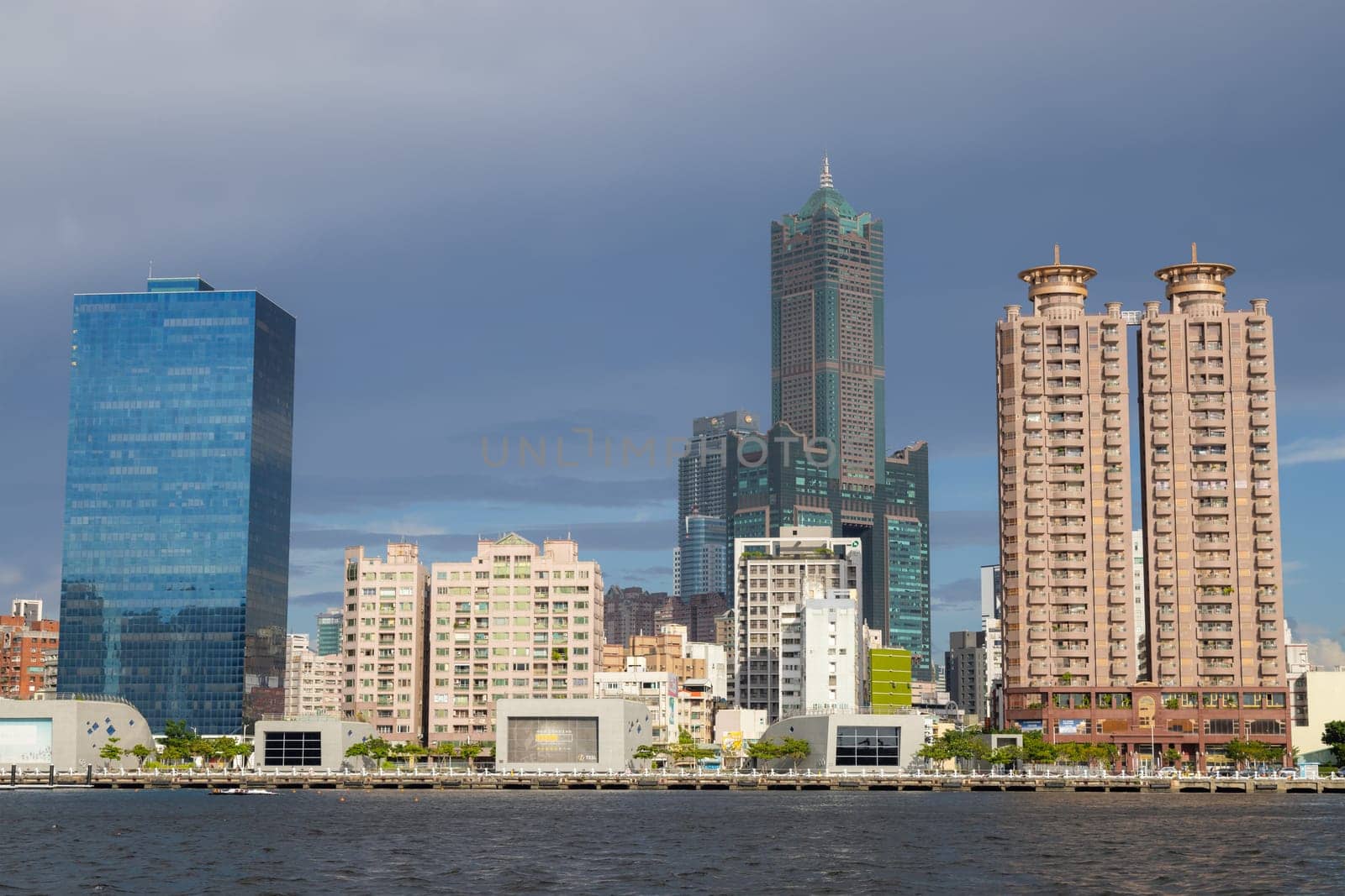 Kaohsiung, Taiwan, 27 August 2022: Kaohsiung harbor bay skyline in Taiwan