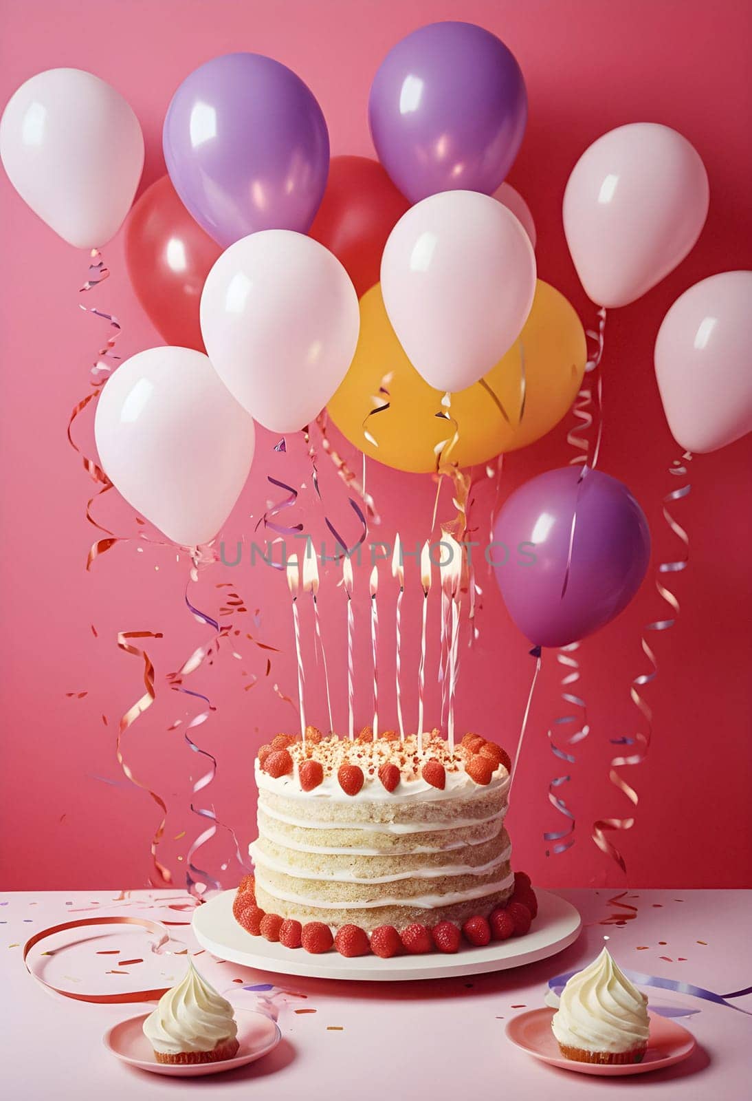 AI generated of birthday cake with candles, ribbons and balloons on pink background