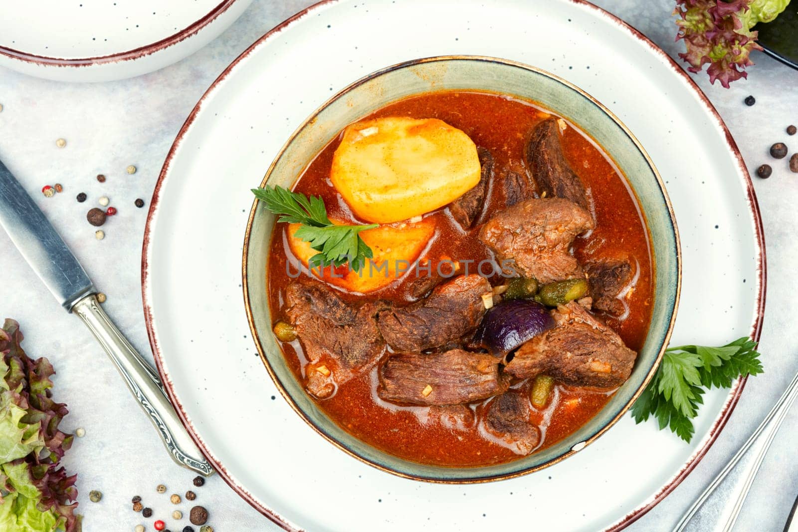 Appetizing goulash made from venison meat, meat goulash or soup with potatoes in a bowl.