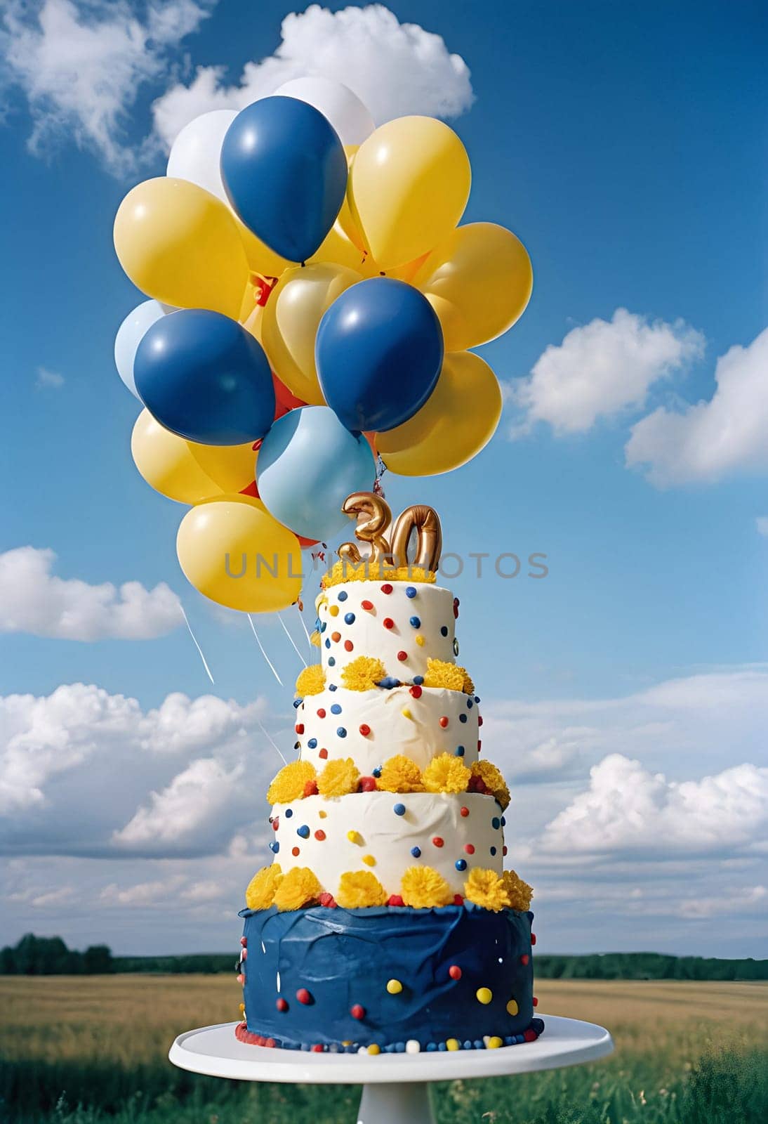 AI generated of a cake with balloons and a candle with number 30 on it on cloudy sky with meadow background