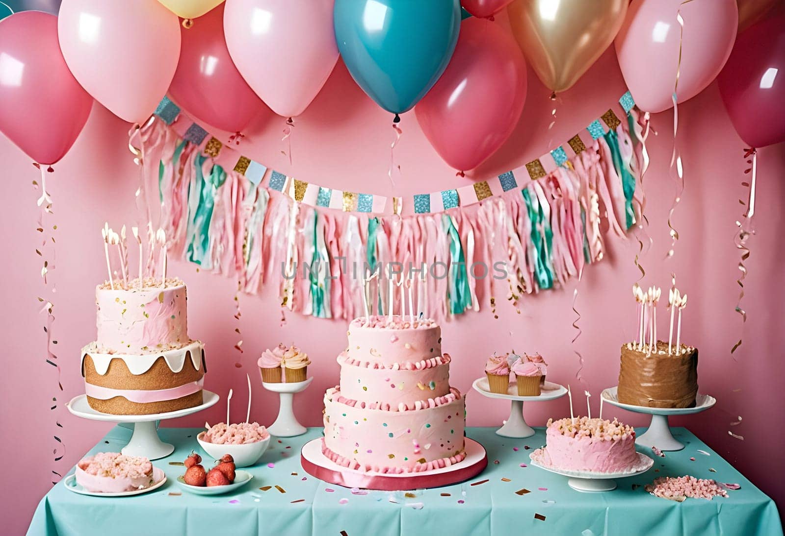 AI generated of a table with birthday cakes, balloons and ribbons decorations