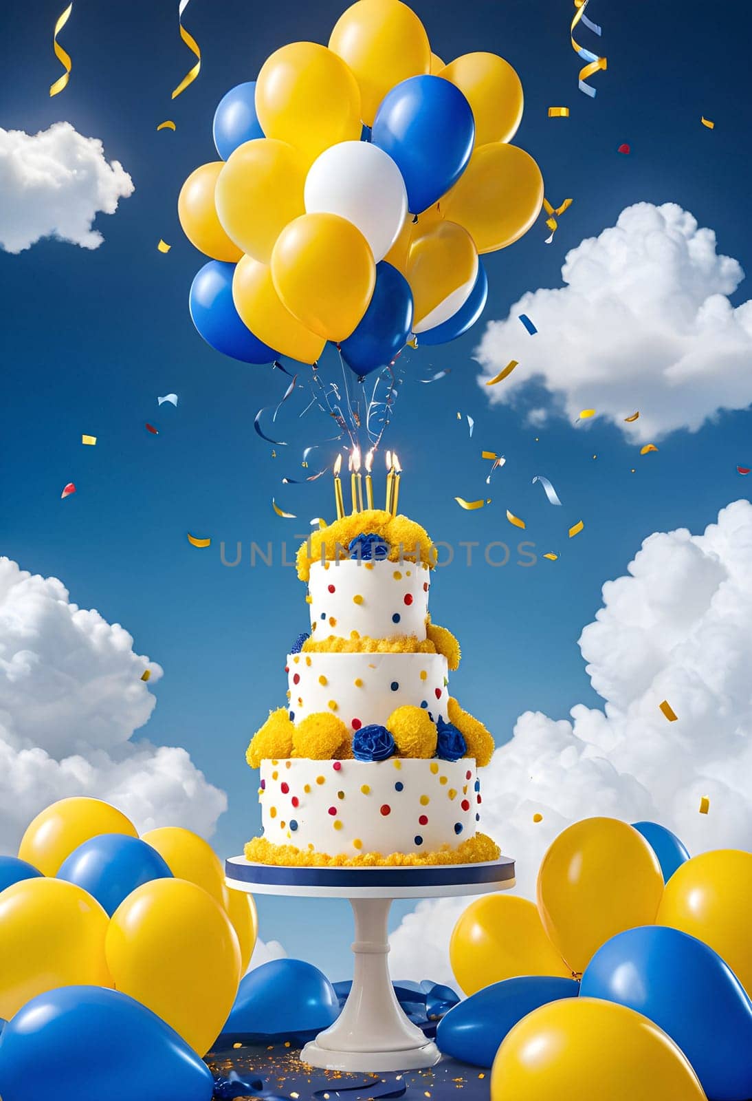 AI generated of a cake with balloons and confetti on top with cloudy blue sky on the background