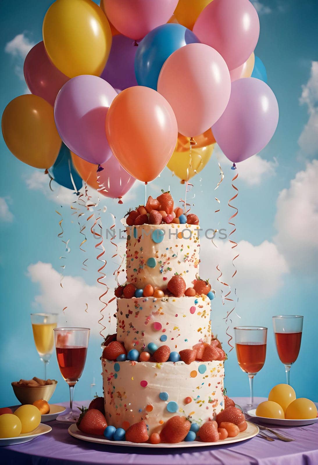 AI generated of a cake with balloons on top on the birthday table setting with cloudy blue sky background