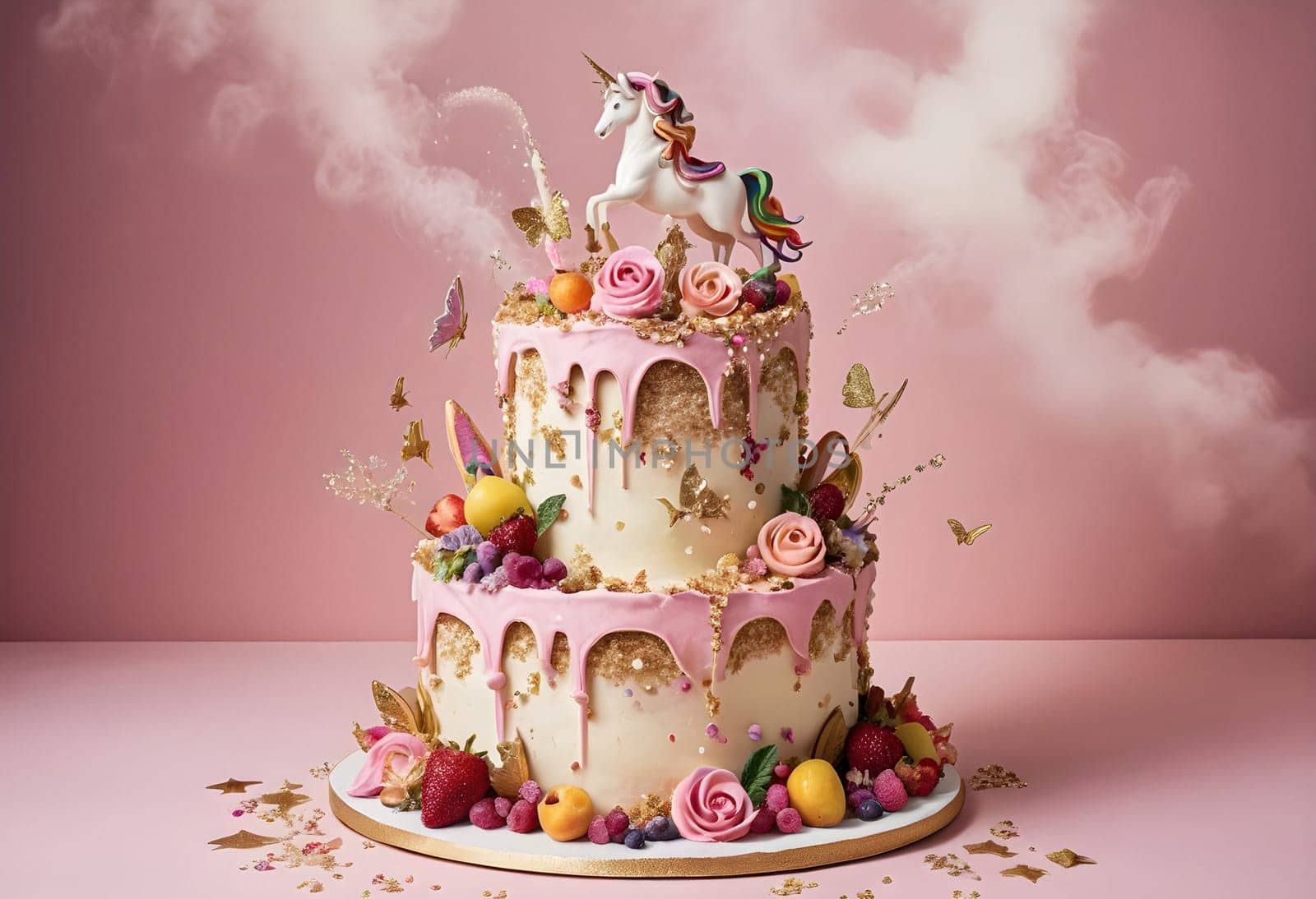 AI generated of a cake with a unicorn on top and a pink and gold cake