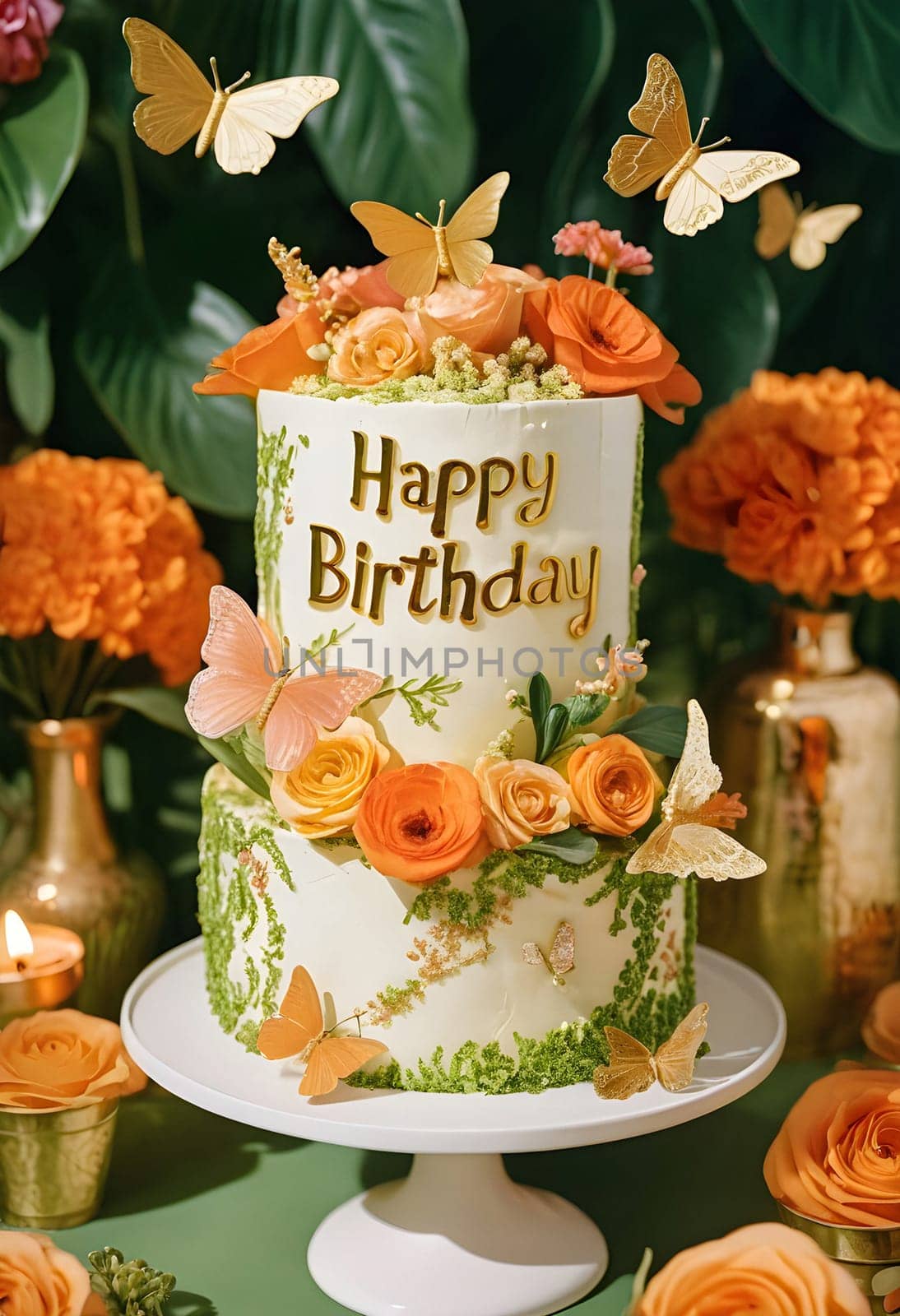 AI generated of a birthday cake with orange flowers, butterflies and the words happy birthday on it