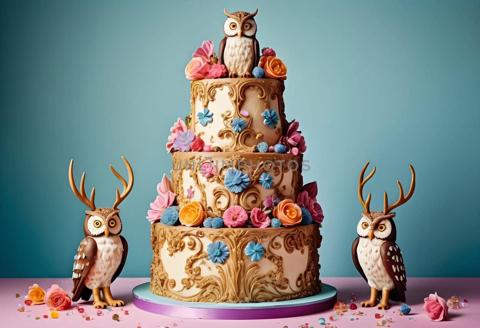 AI generated of a three tiered cake with an owl on the top, flowers and two owls on the table