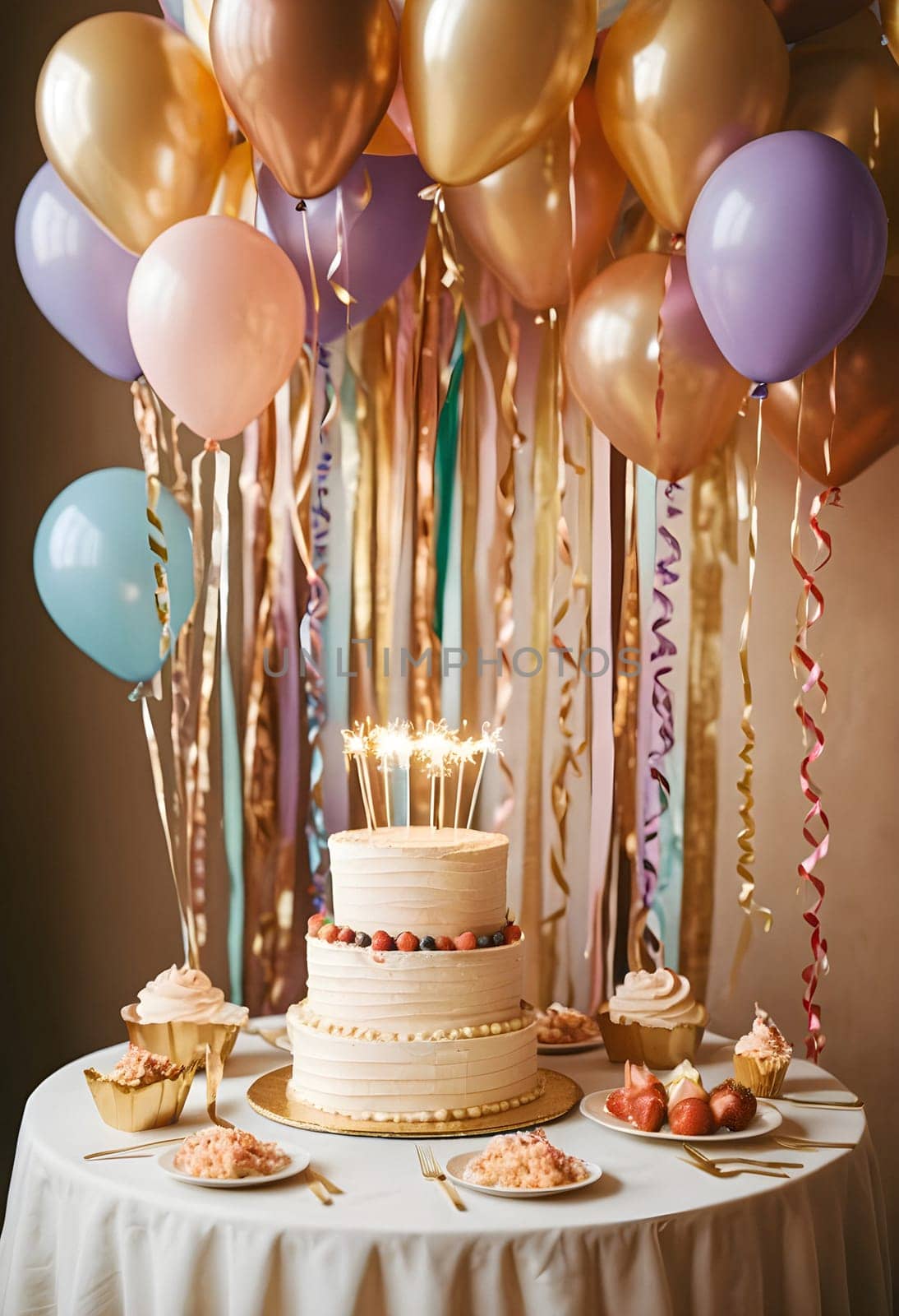 AI generated of a cake with candles, ribbons and balloons on top of a table