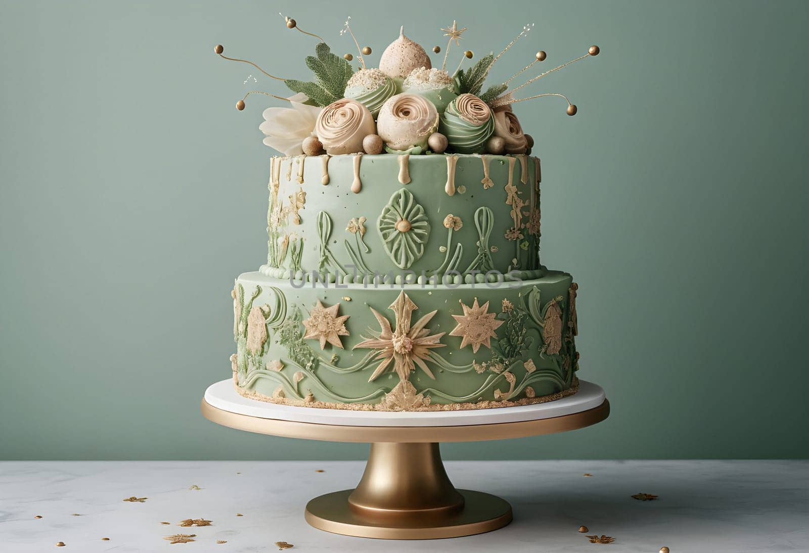 AI generated of a two tiered green cake with flowers on it and a gold stand decorations