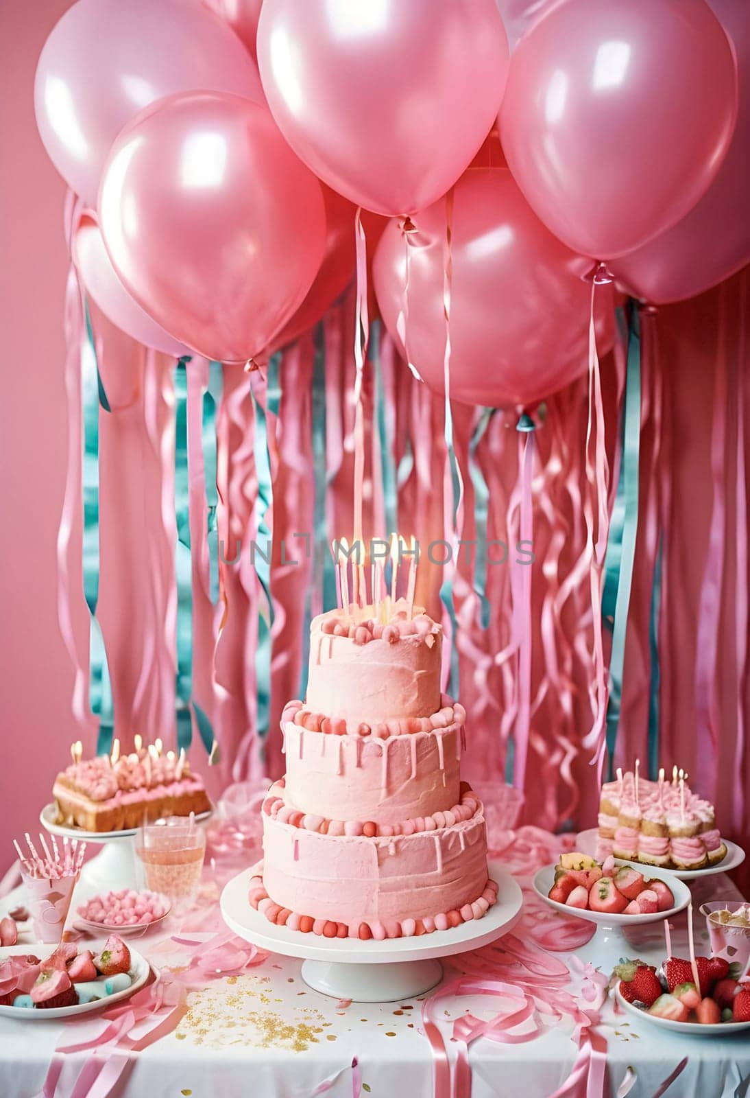 AI generated of a pink birthday cake on a pink table with pink balloons and ribbons decoration on the wall