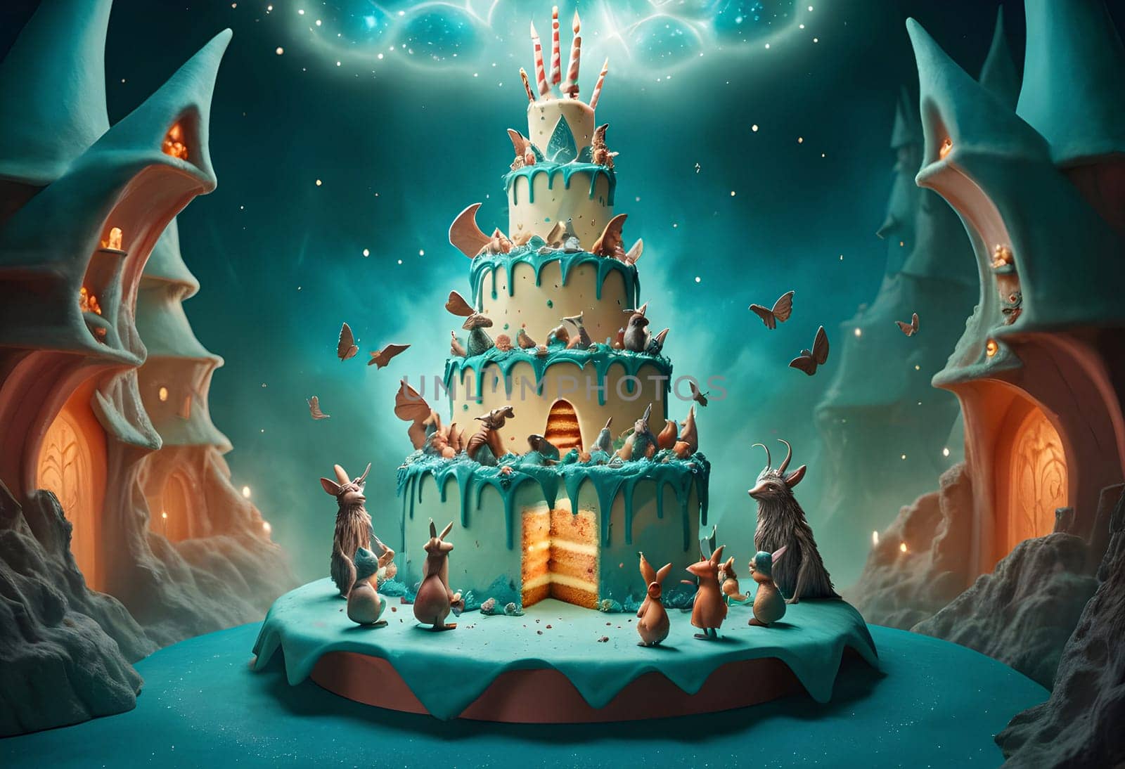 AI generated of a cake with many fantasy creatures on it and a castle in the fairy tale scene background