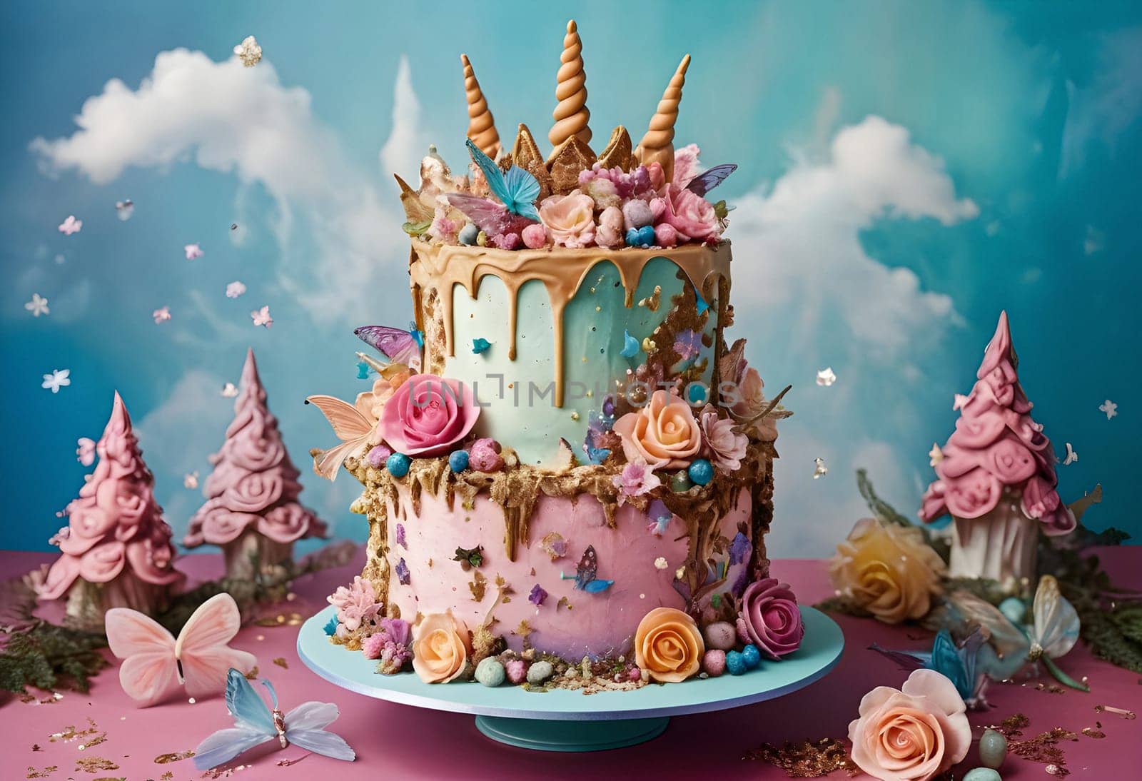 AI generated of a cake with a unicorn and flowers on it