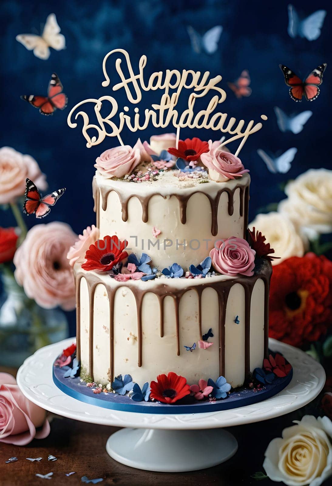 AI generated of happy birthday cake with flowers and butterflies