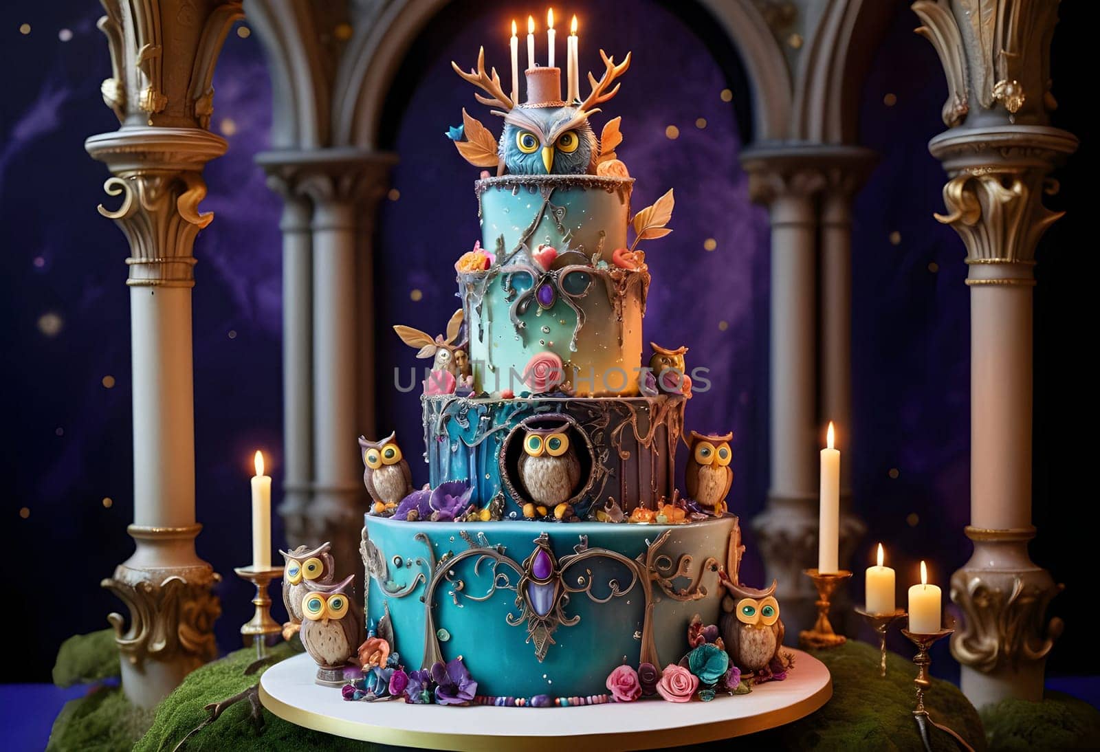AI generated of a cake with a blue and green icing color on cake with owl on it