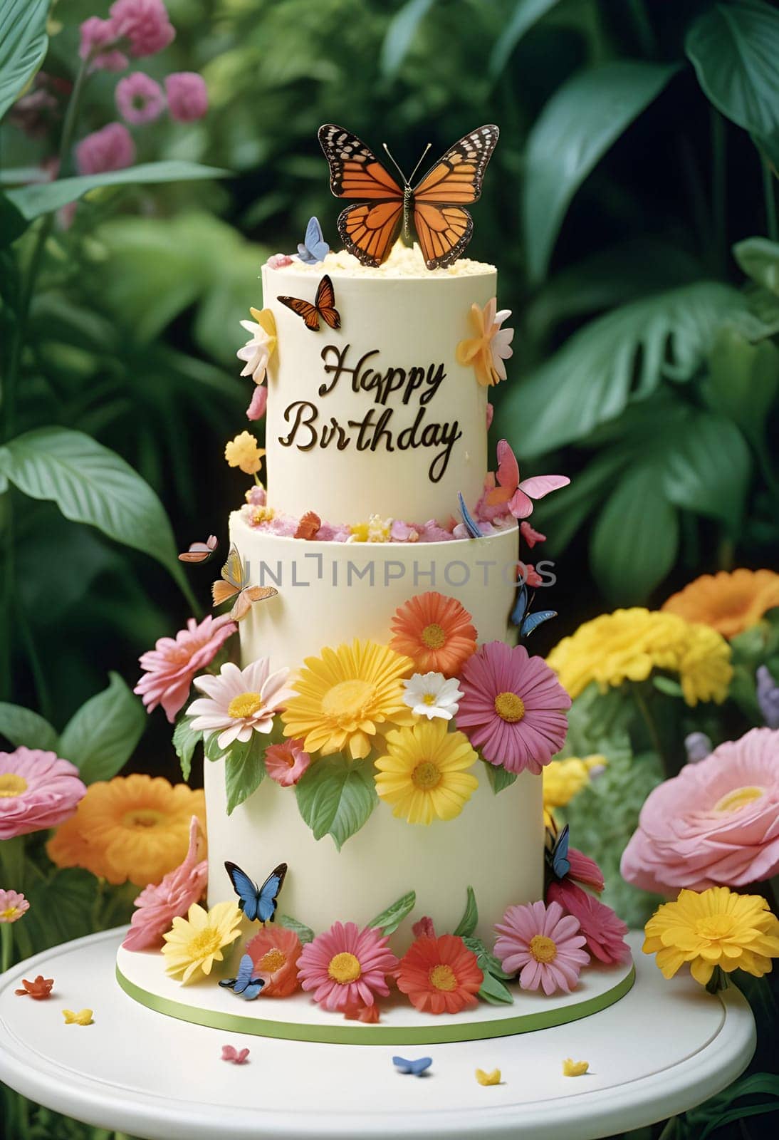 AI generated of a cake with butterflies and flowers on it, with green plants on the background
