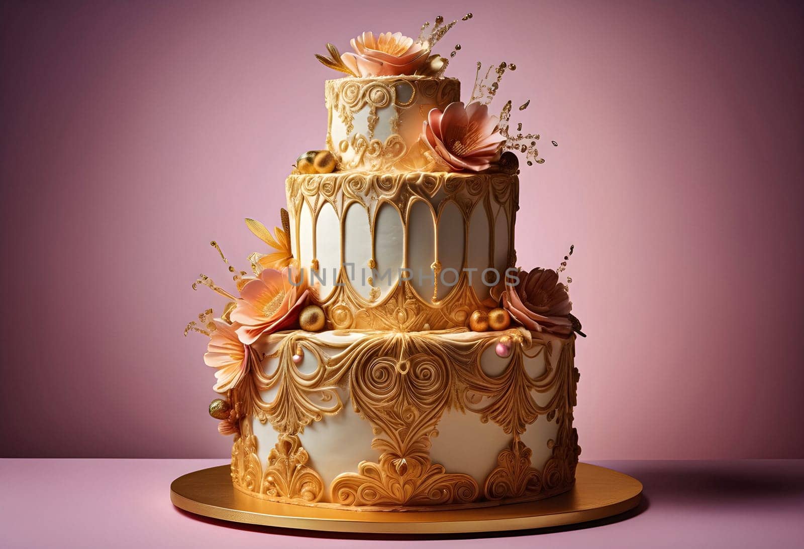 AI generated of a three tiered cake with gold decorations and flowers