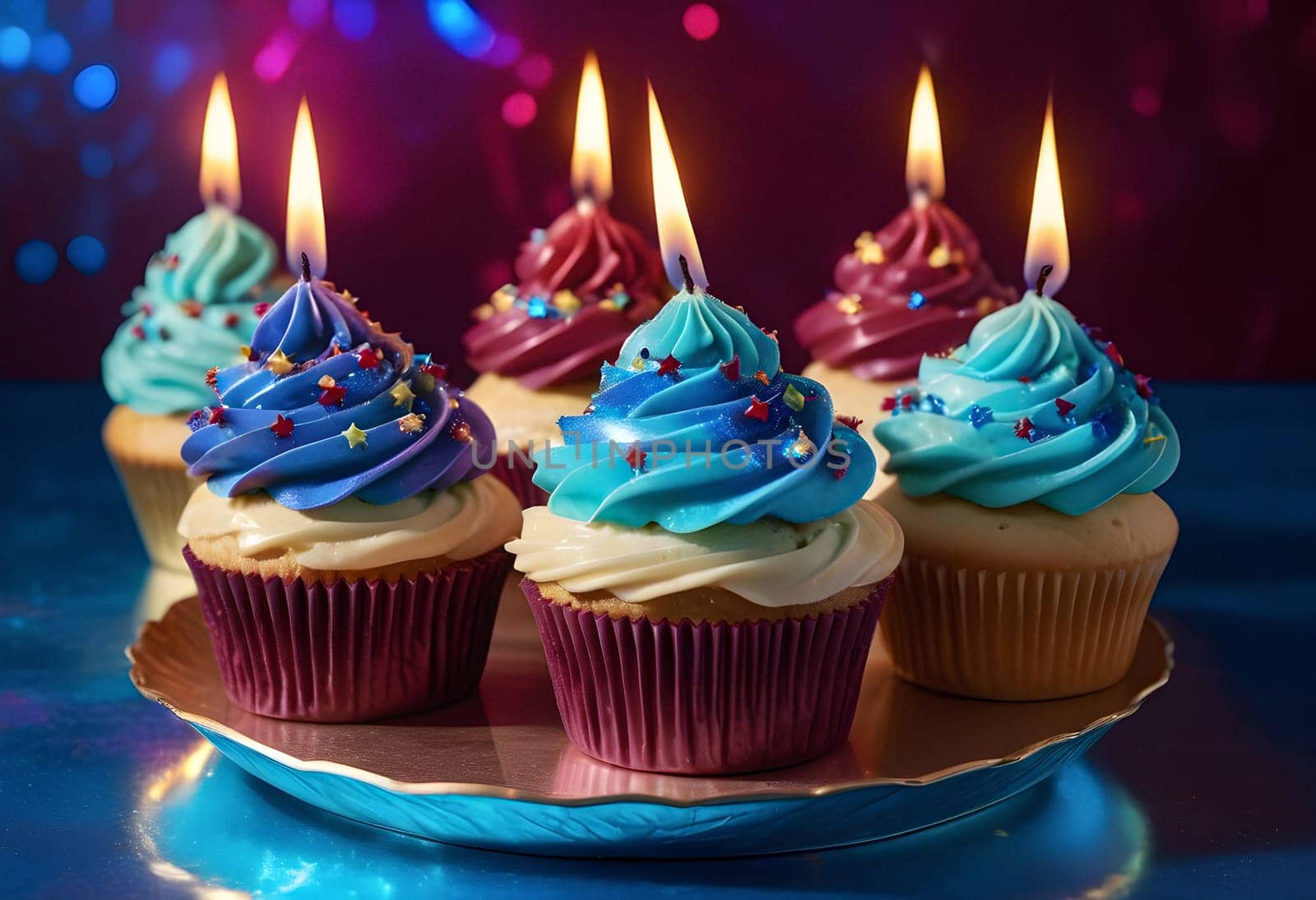 AI generated of a group of six cupcakes with blue frosting and candles on a plate