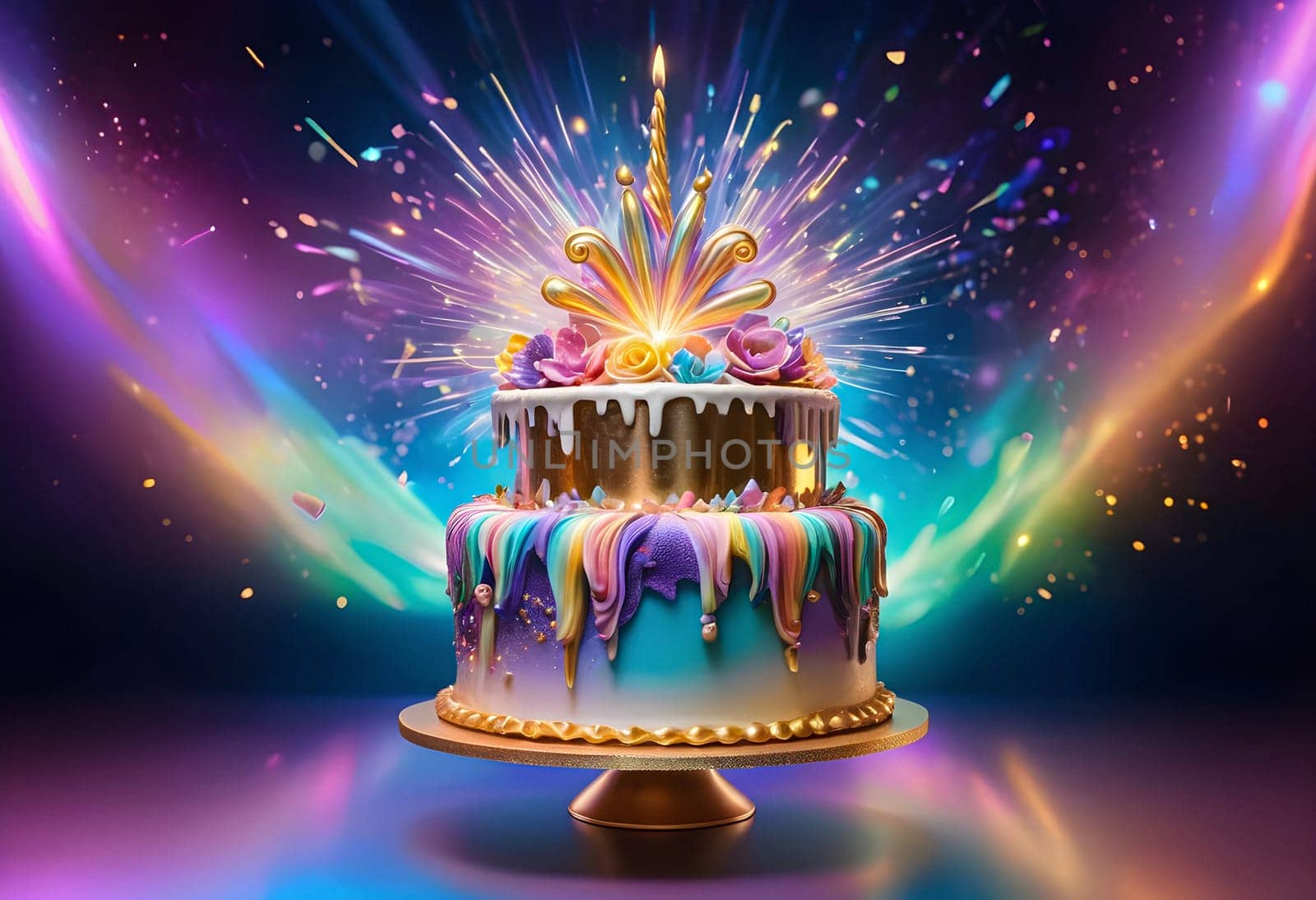 AI generated of a colorful cake with a sparkle and fireworks