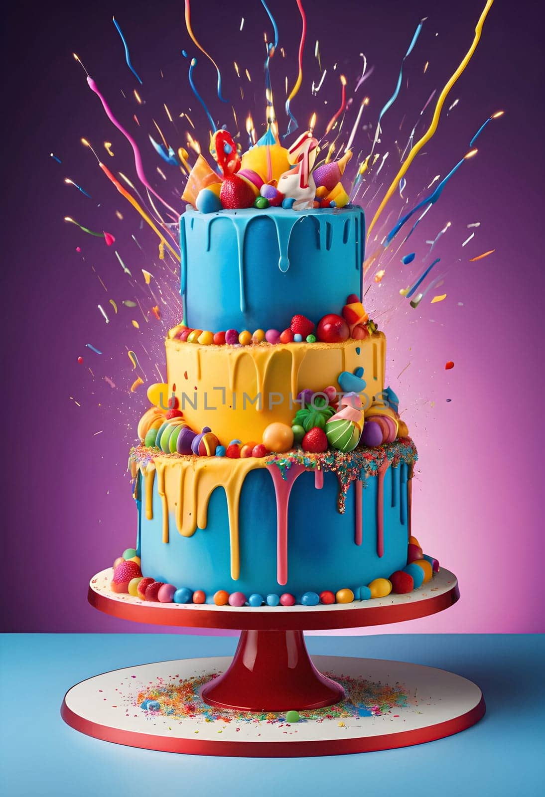 AI generated of a colorful cake with candy and sprinkles on top